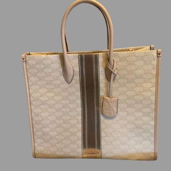 MICHAEL KORS MIRELLA LARGE NORTH SOUTH CENTER STRIPED  LOGO TOTE SATCHEL - Picture 1 of 6